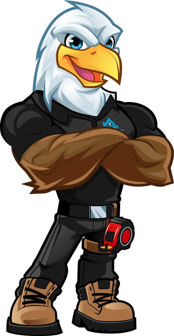 Don Eagle, the Pineda's Roofing mascot, with arms crossed